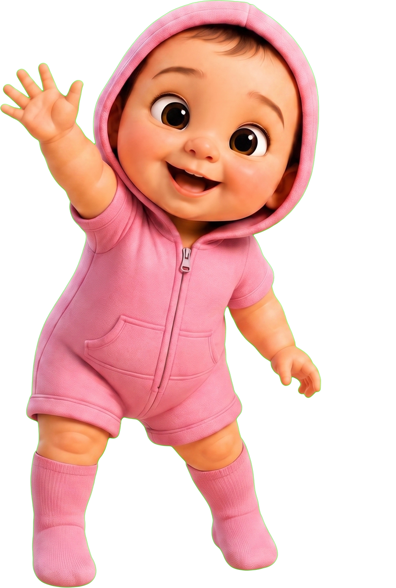 Alanna leaning forward and waving in her pink hooded romper