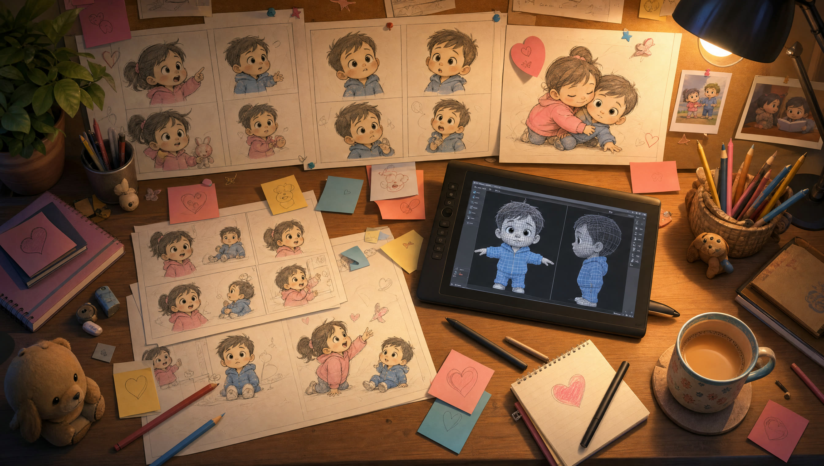 An animator’s desk covered in storyboards and sketches of Alanna and Remy