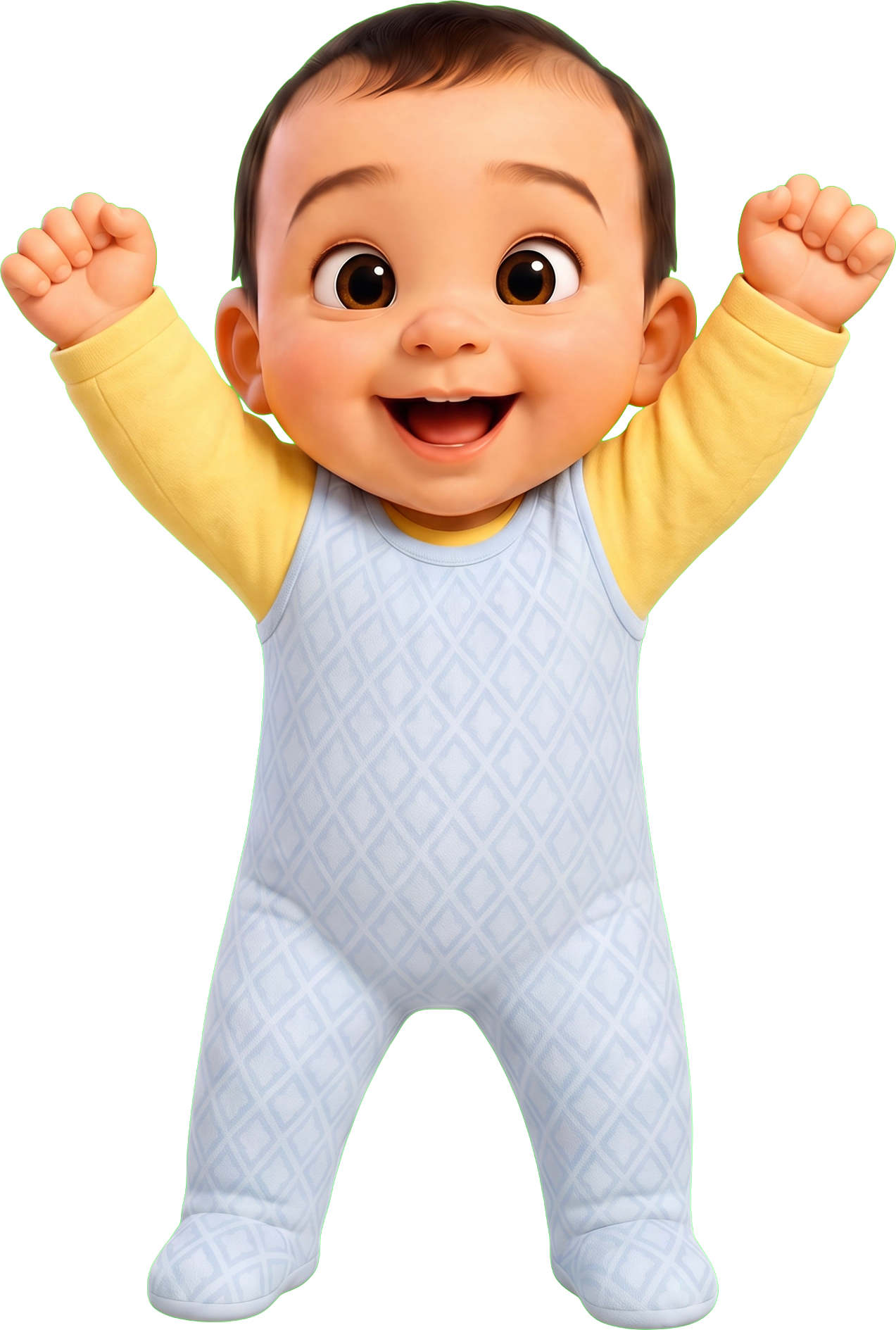 Remy cheering with both arms raised in his blue and yellow onesie