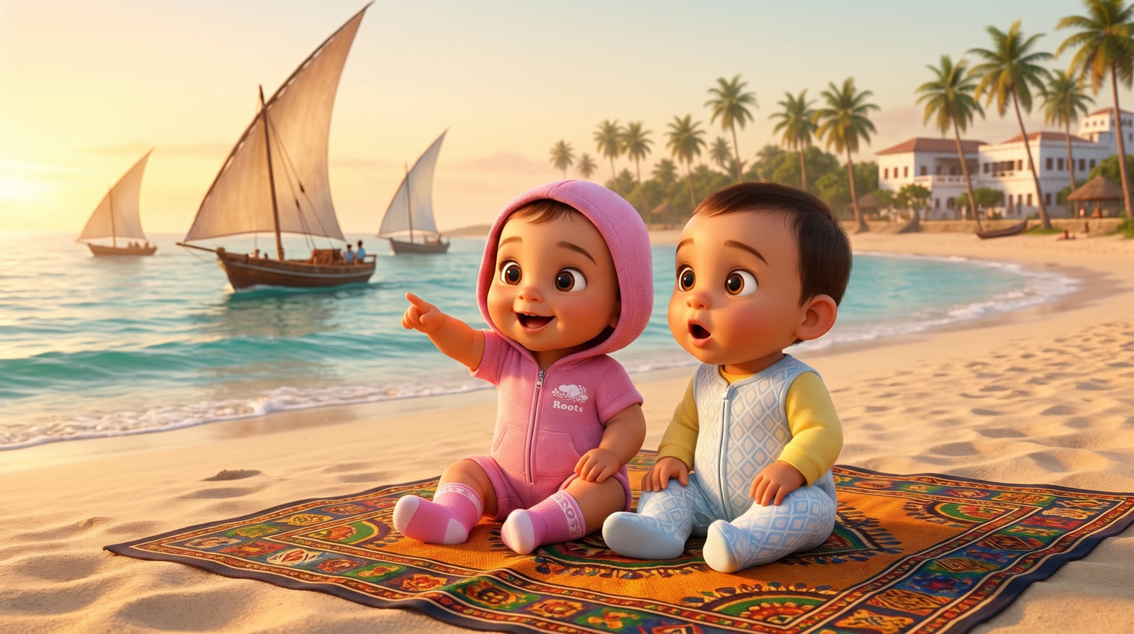 Alanna and Remy on a kanga blanket watching dhow sailboats at a Dar es Salaam beach at golden hour